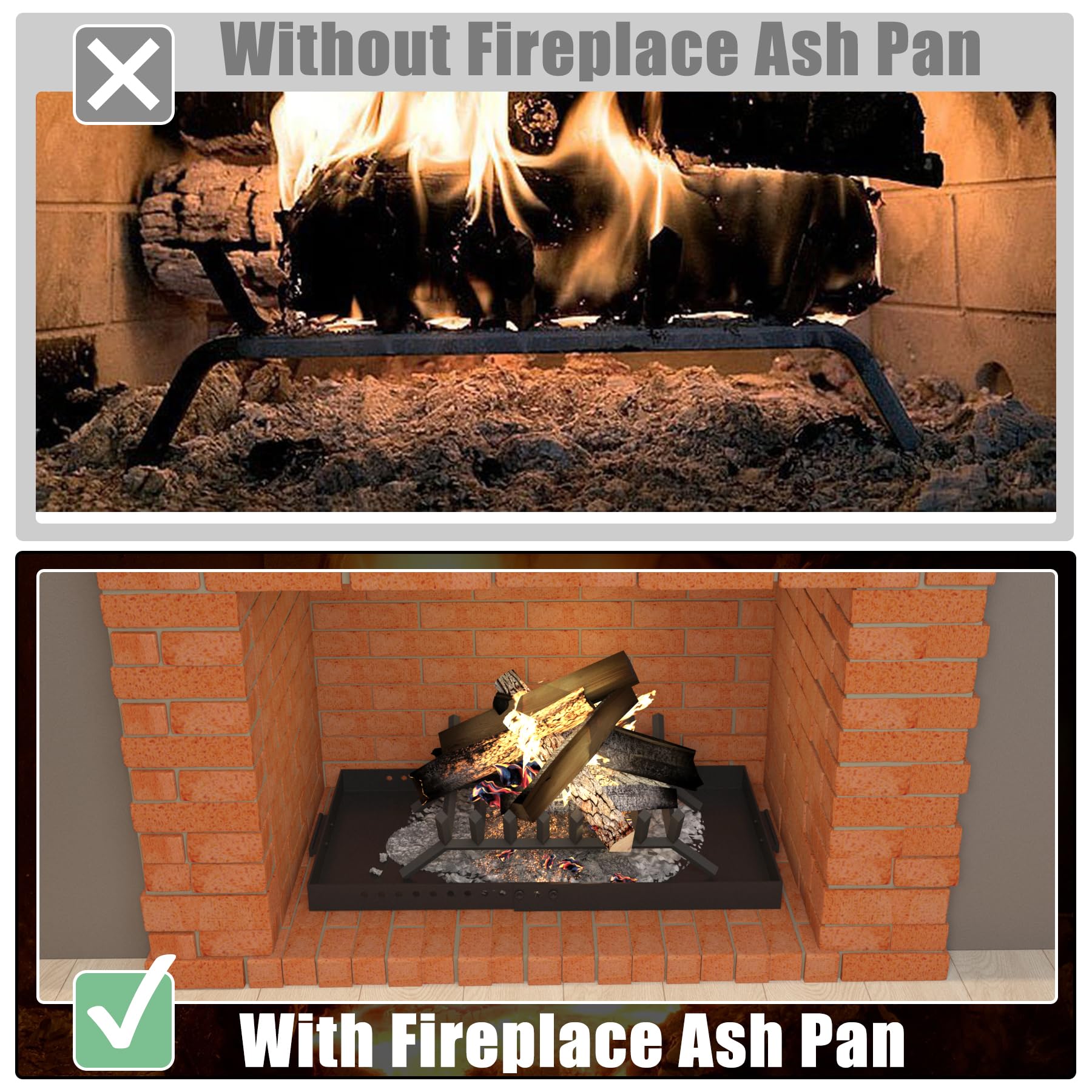 Memrita Fireplace Tray Large Size,Adjustable Ash Pan with Handles for Fireplace Grate Ash Collection,Rectangle Fireplace Pan Extend Length from 22" to 31",Provide a Cleaning Brush