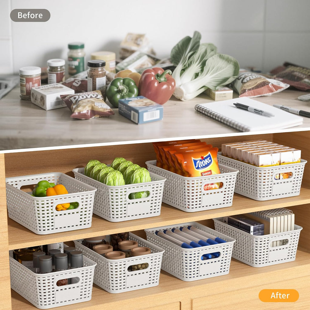 White Plastic Storage Baskets by [Brand Name] - Durable Stackable Bins with Labels | Pack of 8 for Organizing Desktops, Closets & Offices