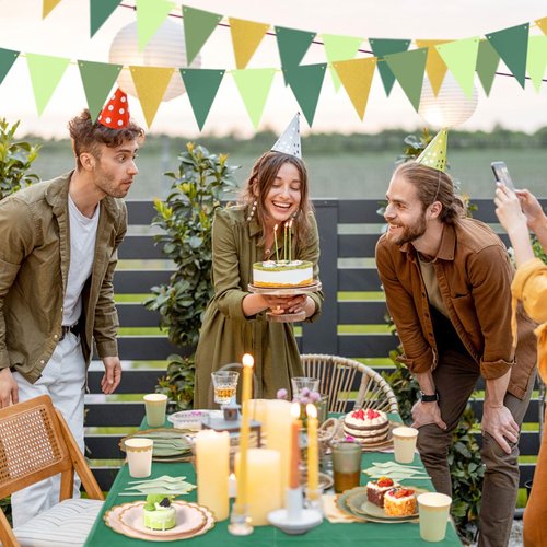Mimorou 342 Pcs Sage Green Party Supplies Green Tableware Paper Disposable Plates Napkins Cups Plastic Tablecloth Sage Golden Triangle Banner for Wedding Bachelorette Birthday