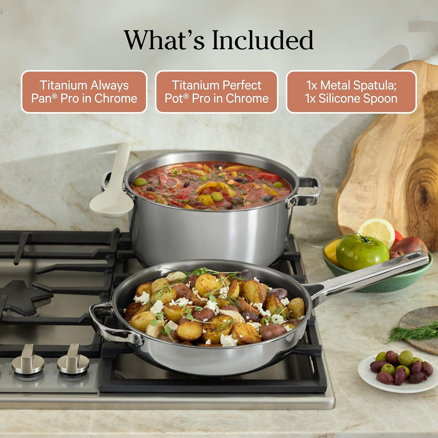 Our Place Titanium Pro Cookware Duo - Always Pan Pro & Perfect Pot Pro | Coating-Free Nonstick, Tri-Ply Titanium & Stainless Steel | Oven & Induction Safe Up to 1000°F | Chrome Finish