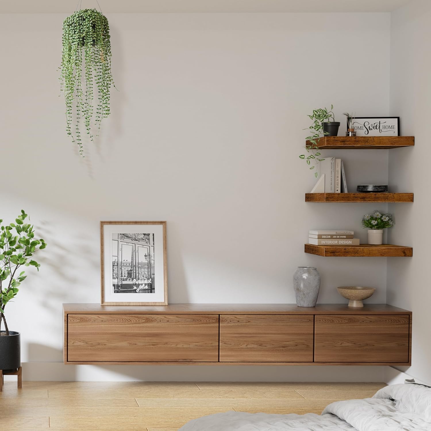 QEEIG 10" Deep Floating Shelves - Rustic Brown Wall-Mounted Bookshelf Set of 3 for Bathroom, Bedroom, Kitchen & Living Room