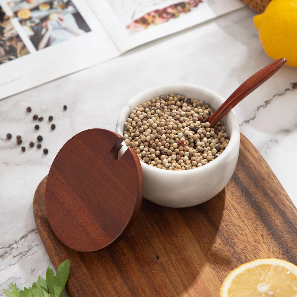 NHKRTE Marble Salt Cellar with Lid & Spoon, 11oz Salt and Pepper bowls, Handcrafted from Natural Marble, Smooth Inside (white bowl)