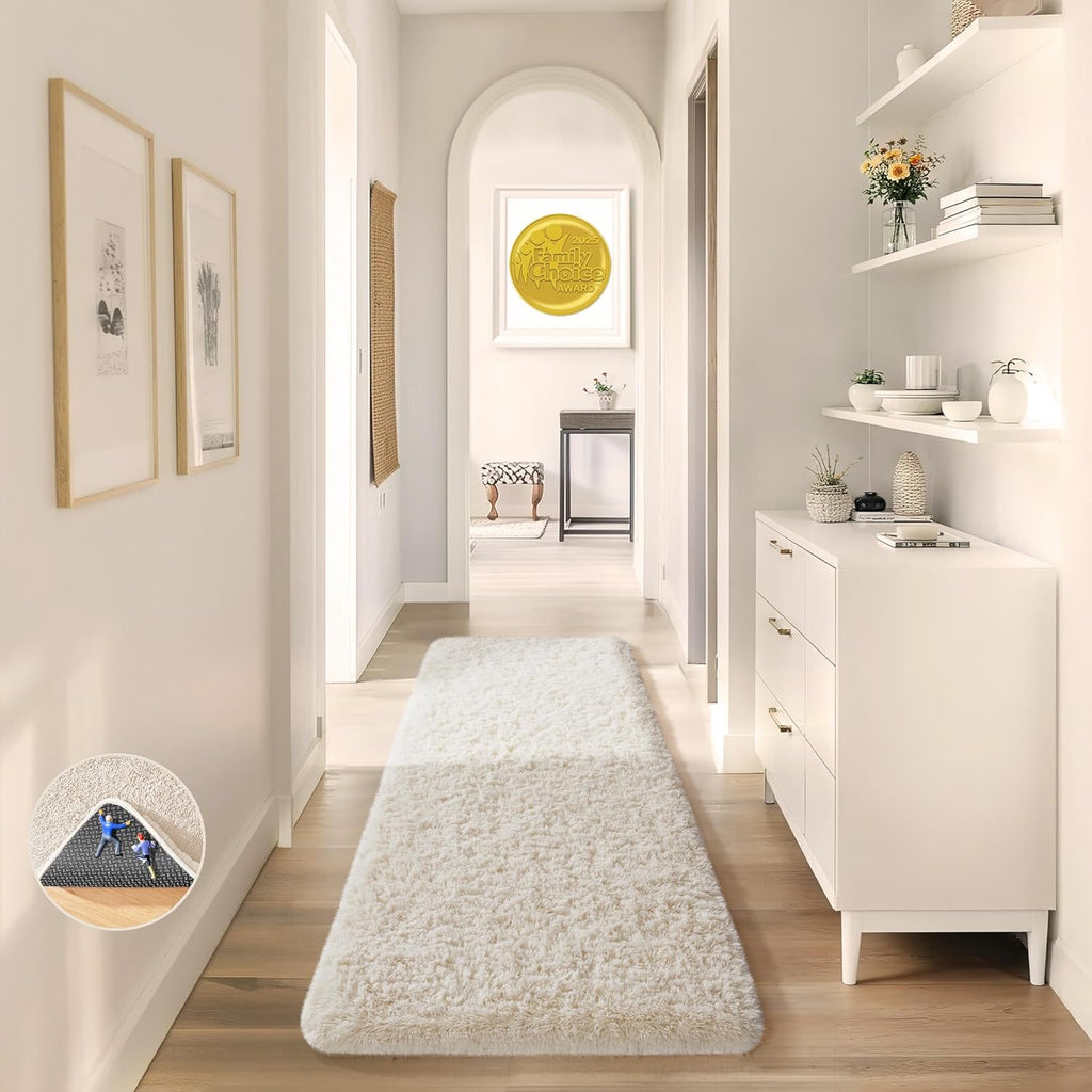 Ophanie 2x8 Runner Rug - Non-Slip Fluffy Soft Ivory Shaggy Carpet for Hallway & Bedroom Decor