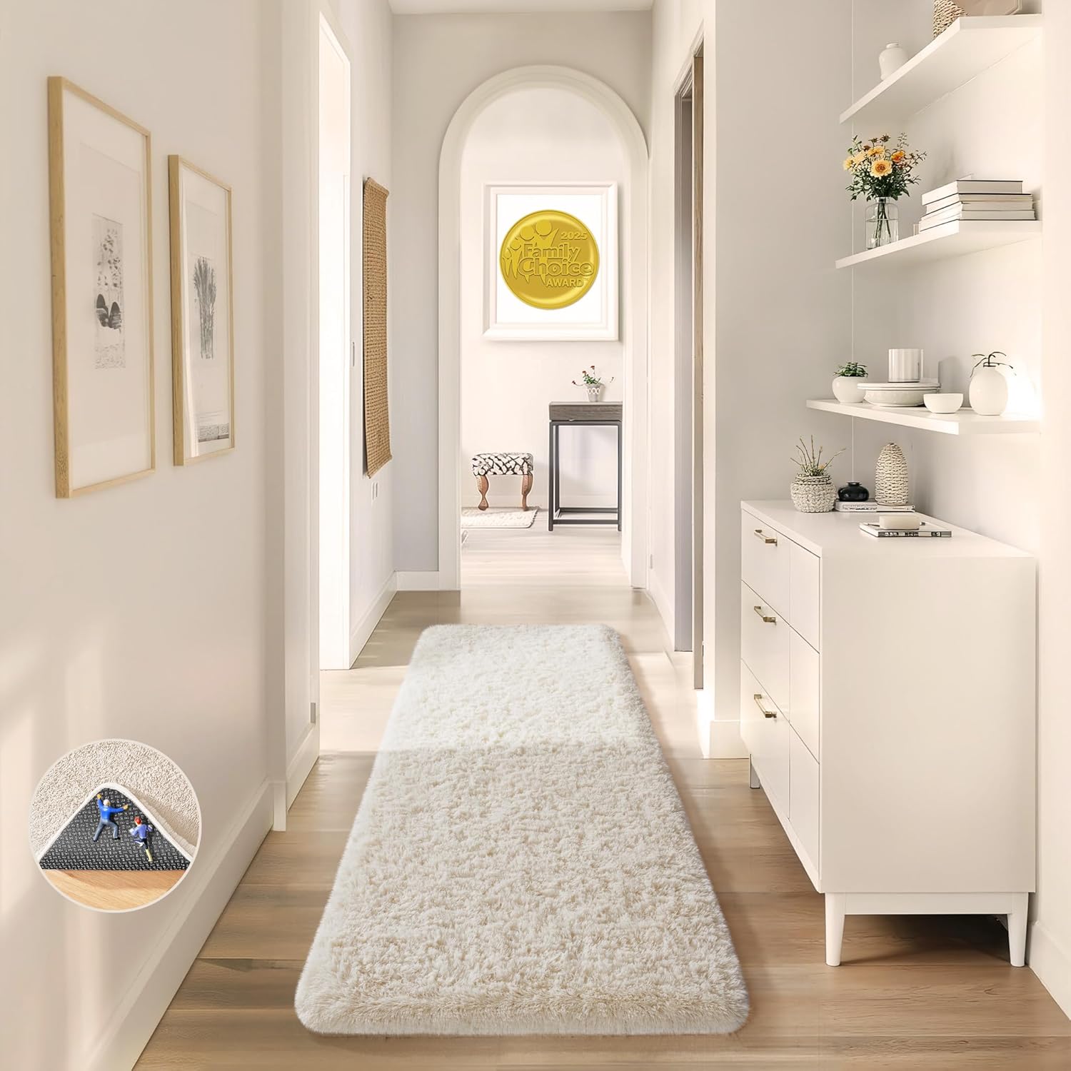 Ophanie 2x8 Runner Rug - Non-Slip Fluffy Soft Ivory Shaggy Carpet for Hallway & Bedroom Decor