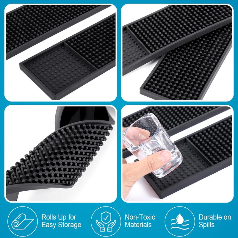 Jingmore 4 Pcs Thick Rubber Bar Mats for Bartending, Durable Non-Slip Spill Mat for Countertop, Home Kitchen, Coffee Bars, and Restaurants Accessories, Black(24" X 12"+24" X 3")