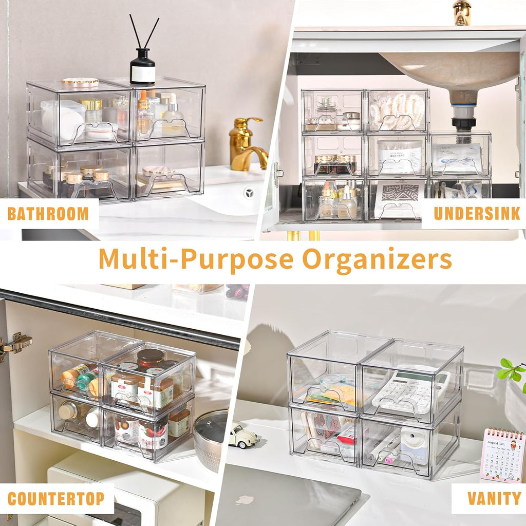 Stebopum Stackable Makeup Organizer - 6 Pack Clear Acrylic Storage Bins with Pull-Out Handle | 4.4'' Tall for Vanity, Kitchen, and More