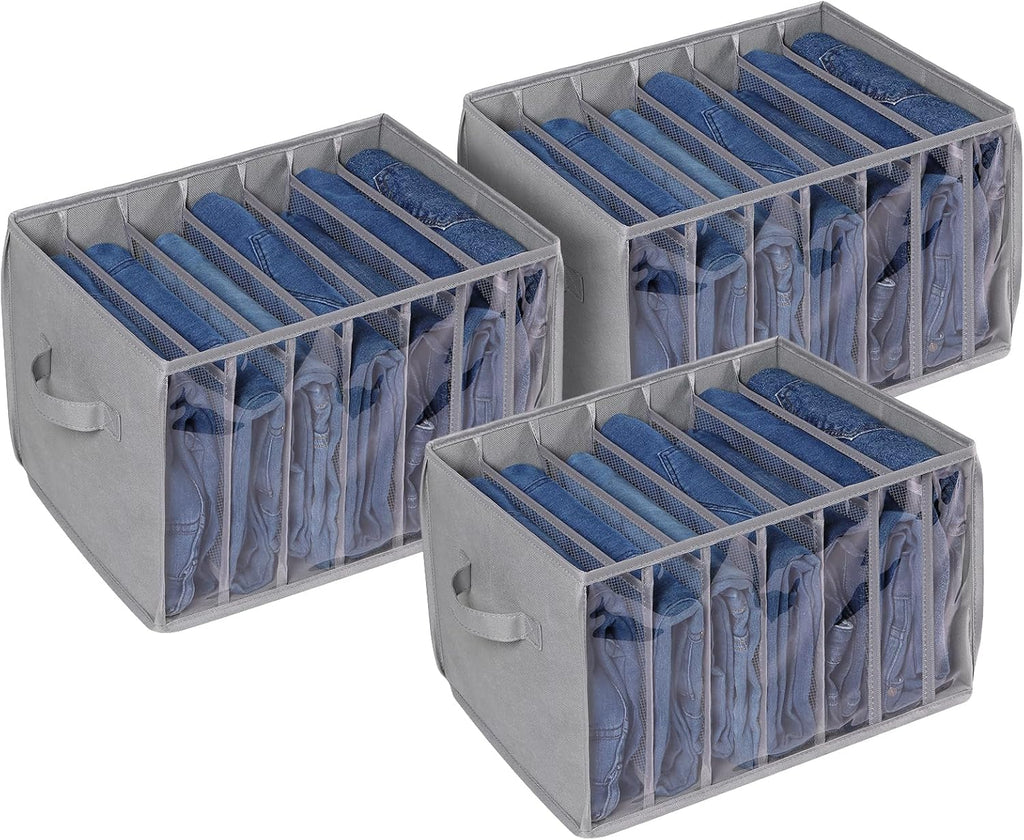 Zilink Upgraded Clothes Organizer - Clear Pants Storage Bins with 7 Grid Dividers | 3 Pack for Closet