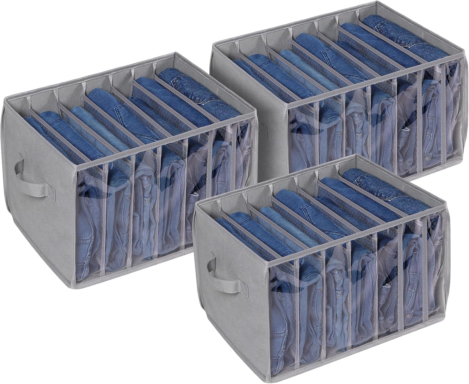 Zilink Upgraded Clothes Organizer - Clear Pants Storage Bins with 7 Grid Dividers | 3 Pack for Closet