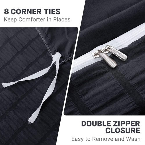 HYMOKEGE Ultra Soft Black Duvet Cover Set - 3-Piece Queen Size Seersucker Bedding with Zipper Closure & 8 Corner Ties (90"x90")