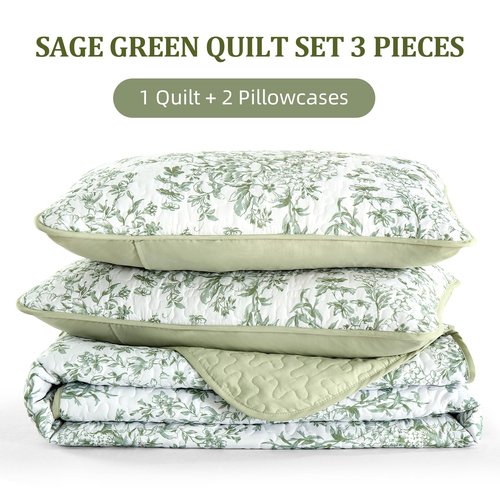 WONGS BEDDING California King Quilt Sets, Sage Green Quilt Bedding Set with 2 Pillowcases, Botanical Quilt for Cal King Bed, Soft Microfiber Lightweight Coverlet Bedspread for All Season (112"×96")