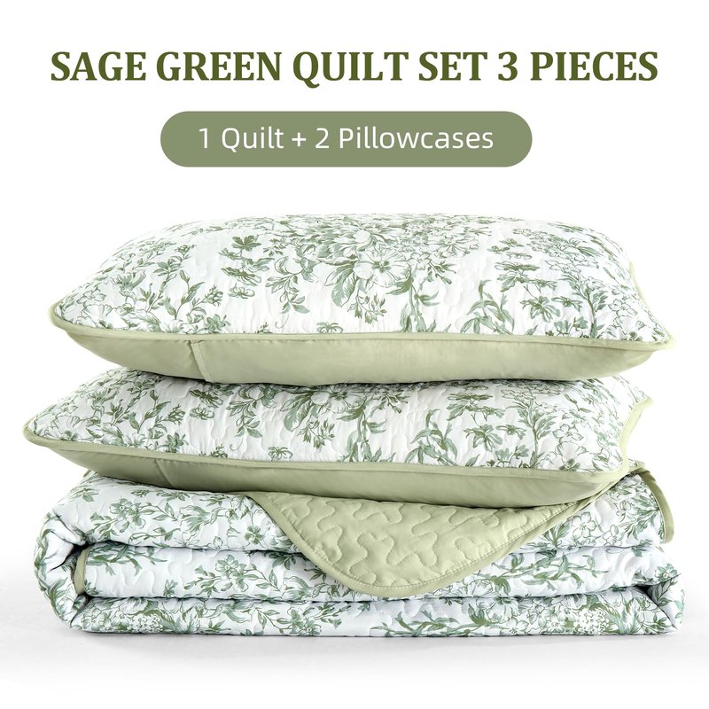WONGS BEDDING California King Quilt Sets, Sage Green Quilt Bedding Set with 2 Pillowcases, Botanical Quilt for Cal King Bed, Soft Microfiber Lightweight Coverlet Bedspread for All Season (112"×96")