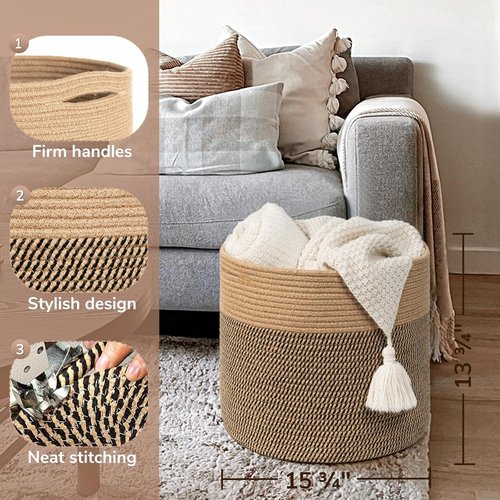 Goodpick Large Cotton Rope Basket - 15.8"x15.8"x13.8" | Ideal Wicker Storage for Blankets & Toys