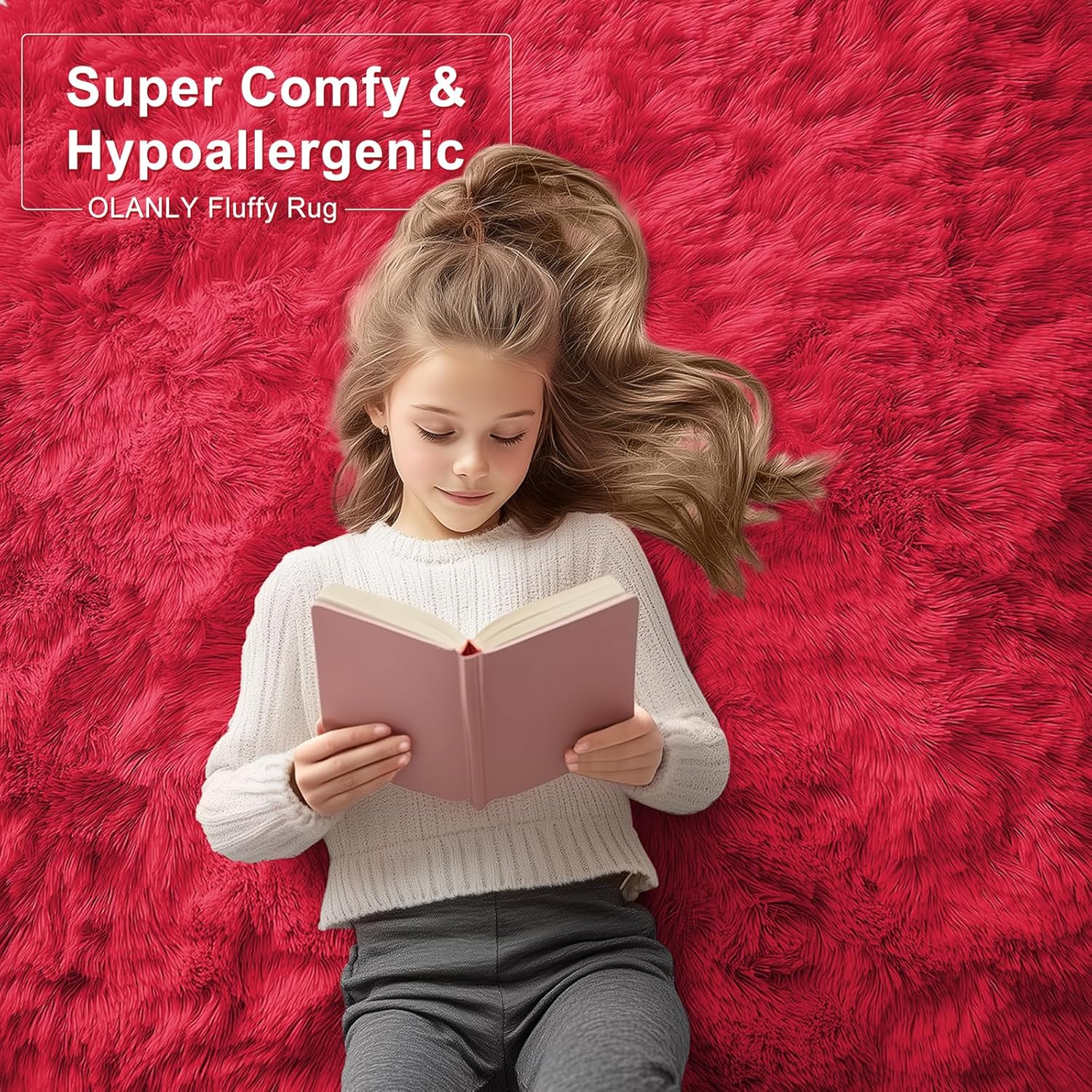 OLANLY Soft Fluffy 3x5 Machine Washable Bedside Rug - Cozy Indoor Carpet for Kids & Nursery, Red