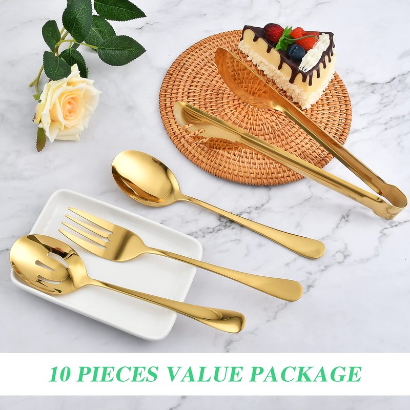 20.99 Worldity 10 Pieces Stainless Steel Flatware Serving Utensils Large Serving Spoon Set Multipurpose Gold Serving Utensils for Home Restaurant Party Dishwasher Safe Gold