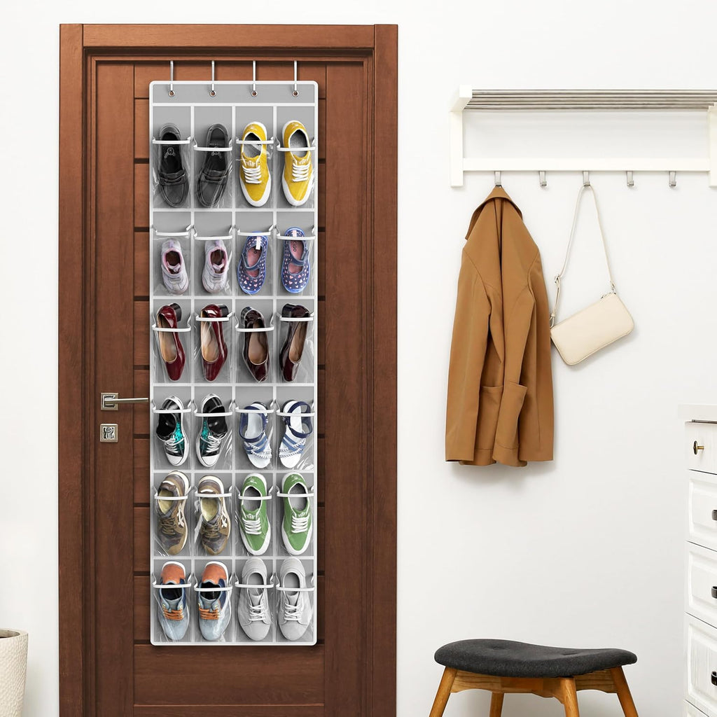 Simple Houseware 24 Pockets Over The Door Hanging Shoe Organizer - Crystal Clear, Gray (64'' x 19'')