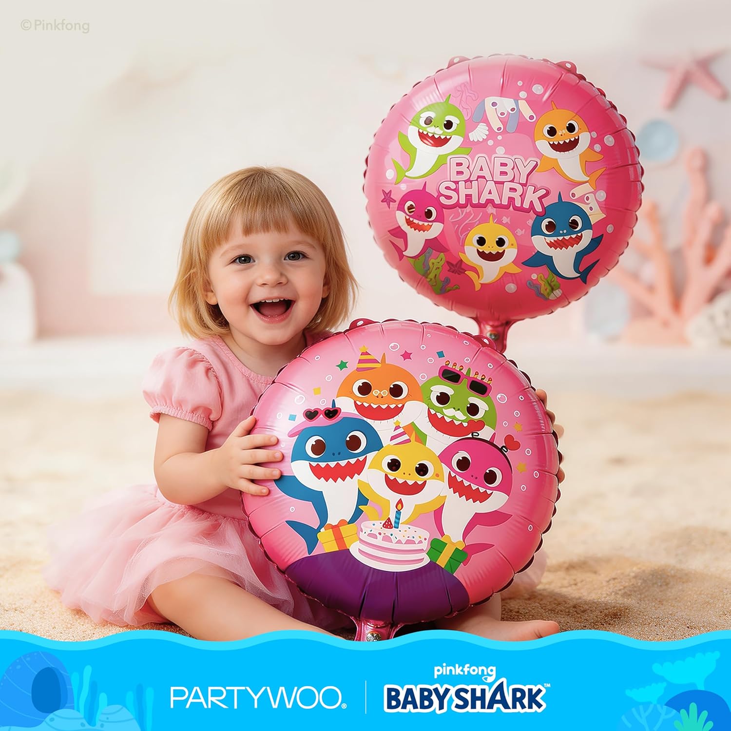 PartyWoo Baby Shark Pink Foil Number 2 Balloon - 5pcs 18-Inch Mylar Helium Birthday Decorations for Kids