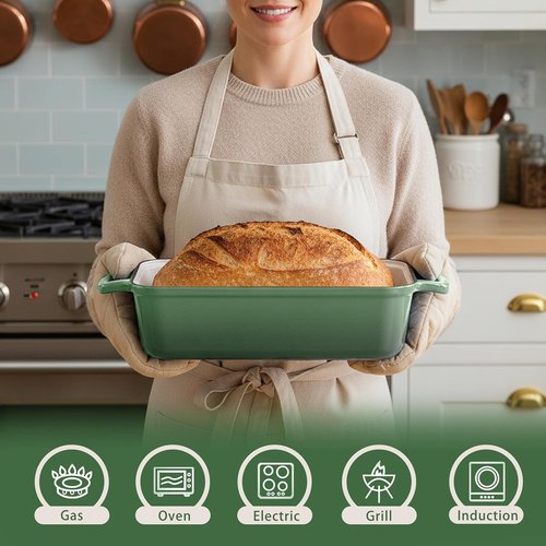 Cast Iron Bread Pan by [Brand Name] - 11x5 Inch Sourdough Baking Pan with Lid | Even Heat Distribution, 5.8Qt, Pistachio