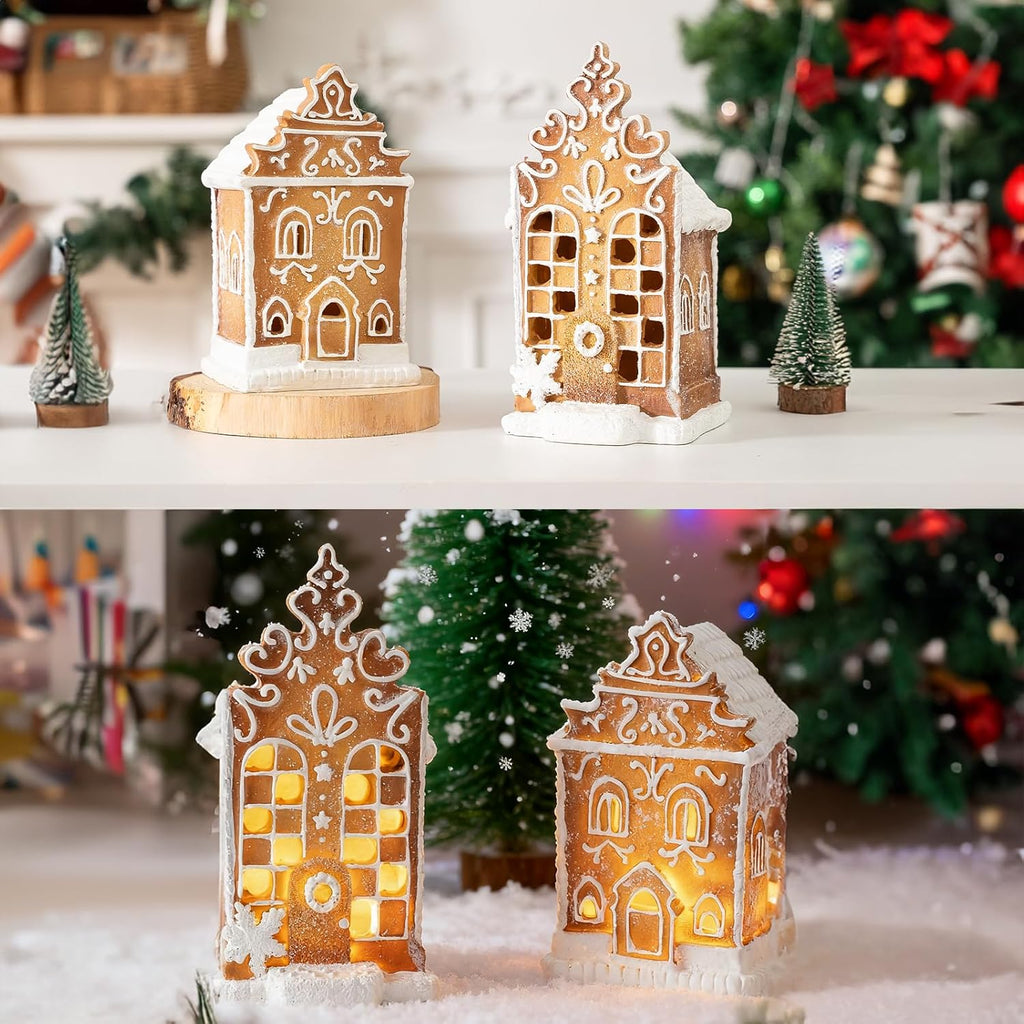 Skiennix Christmas Gingerbread Village House Figurines - Pre-Lit LED Decor | 2-Piece Set