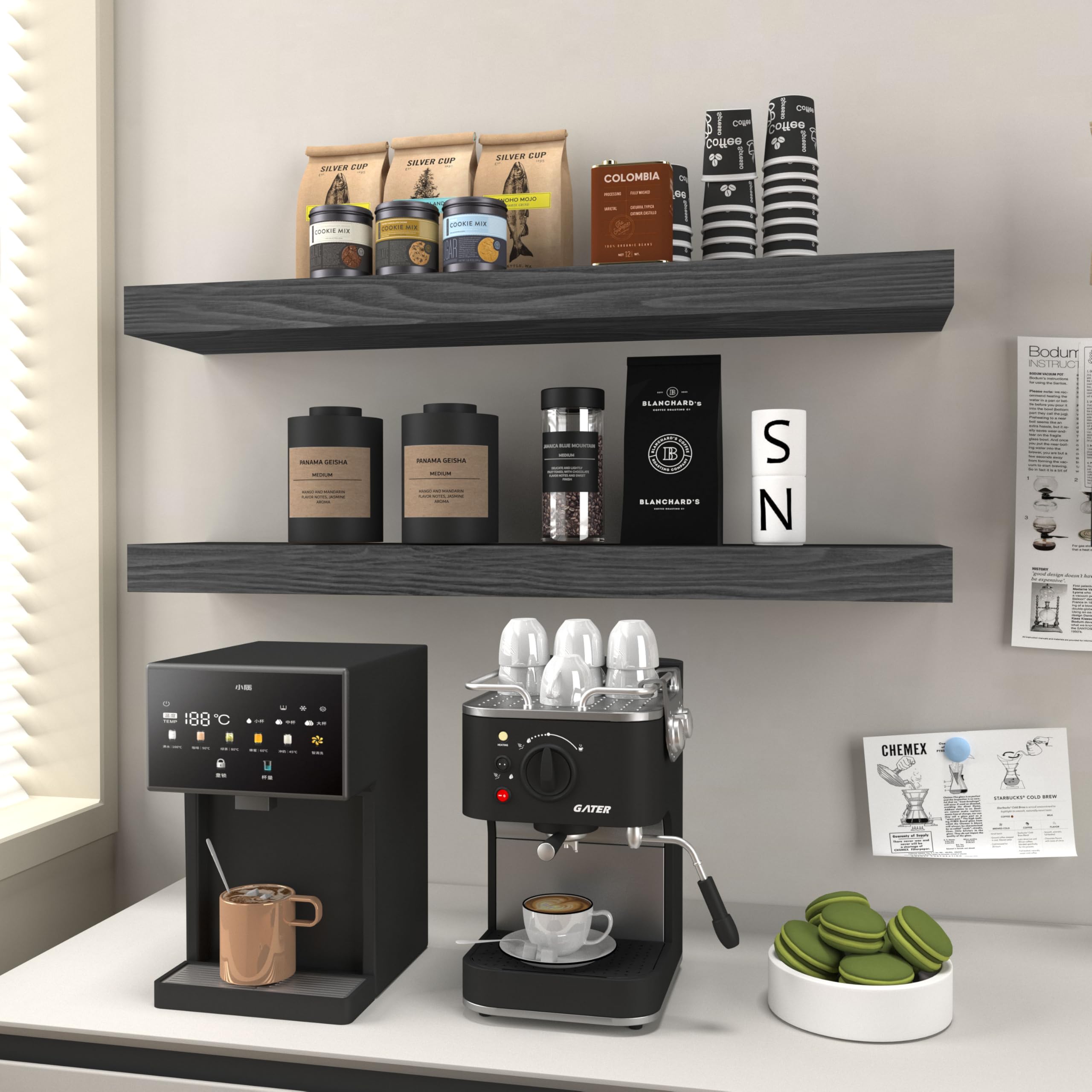 PopiShelves Floating Shelves for Wall - 24 x 9 Inch Wood Shelves for Bathroom, Bedroom, Kitchen Decor, Farmhouse Decor Set of 2, Black, bcow82j23