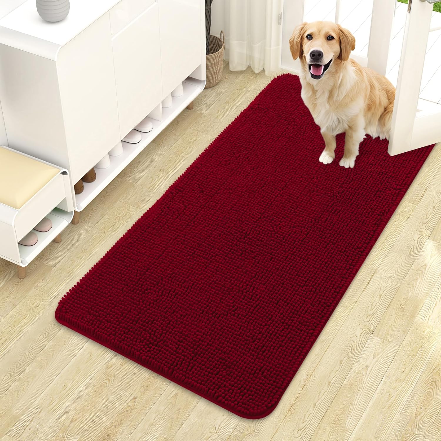 OLANLY Dog Door Mat - Absorbent Non-Slip Chenille Mat for Muddy Paws | 44x24 Inches, Quick Dry Red