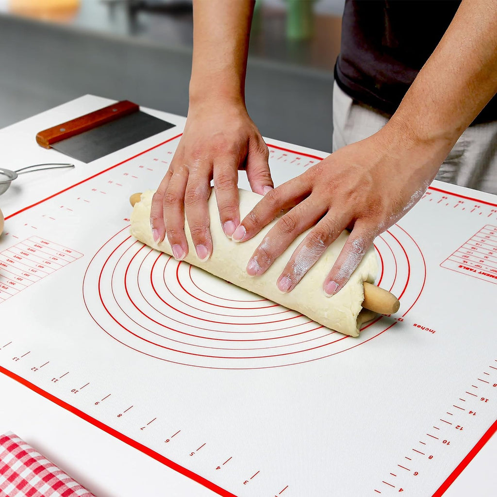Skiennix Silicone Pastry Baking Mat - Heat Resistant, Non-Stick, BPA Free | 27.5” x 20” Red with Brush & Scraper