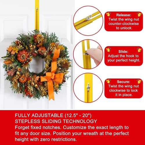 Gold Wreath Hanger - Adjustable Over The Door Hook (15-25 Inch) | Heavy Duty Metal for Seasonal Decor