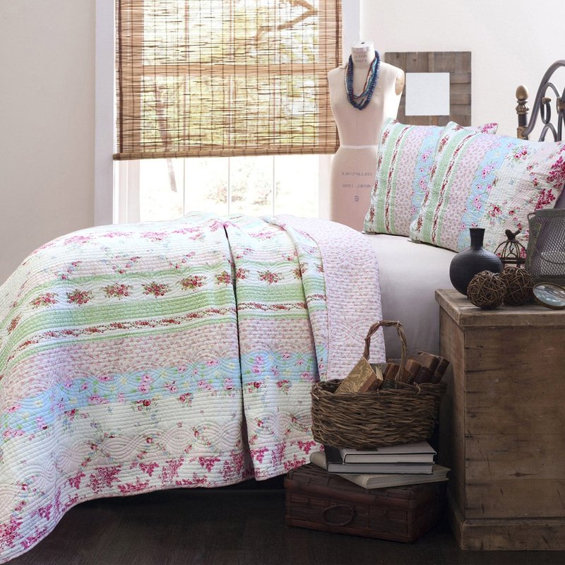100% Cotton 3 Piece Queen Quilt Bedding Set, Wild Rose Floral Striped Reversible Coverlet, Bedspread