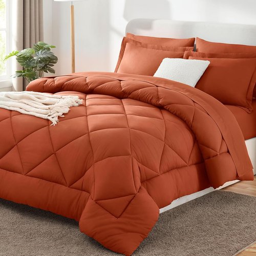 CozyLux Queen Comforter Set - Luxury Soft 7-Piece Bed in a Bag in Burnt Orange | All-Season Bedding with Down Alternative Comforter, Sheets & Pillowcases
