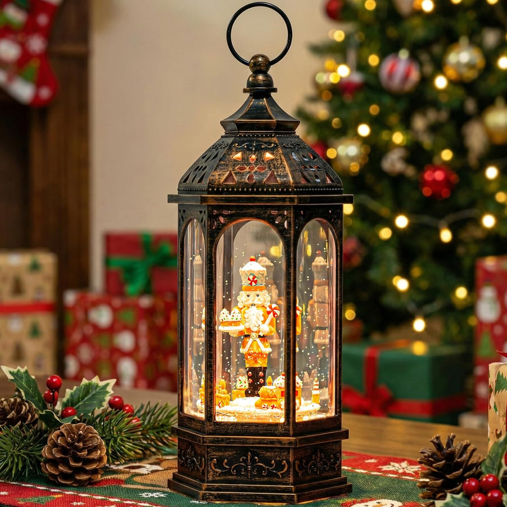 Skiennix Christmas Gingerbread Nutcracker Snow Globe Lantern - Lighted Animated Train with Glitter & Music