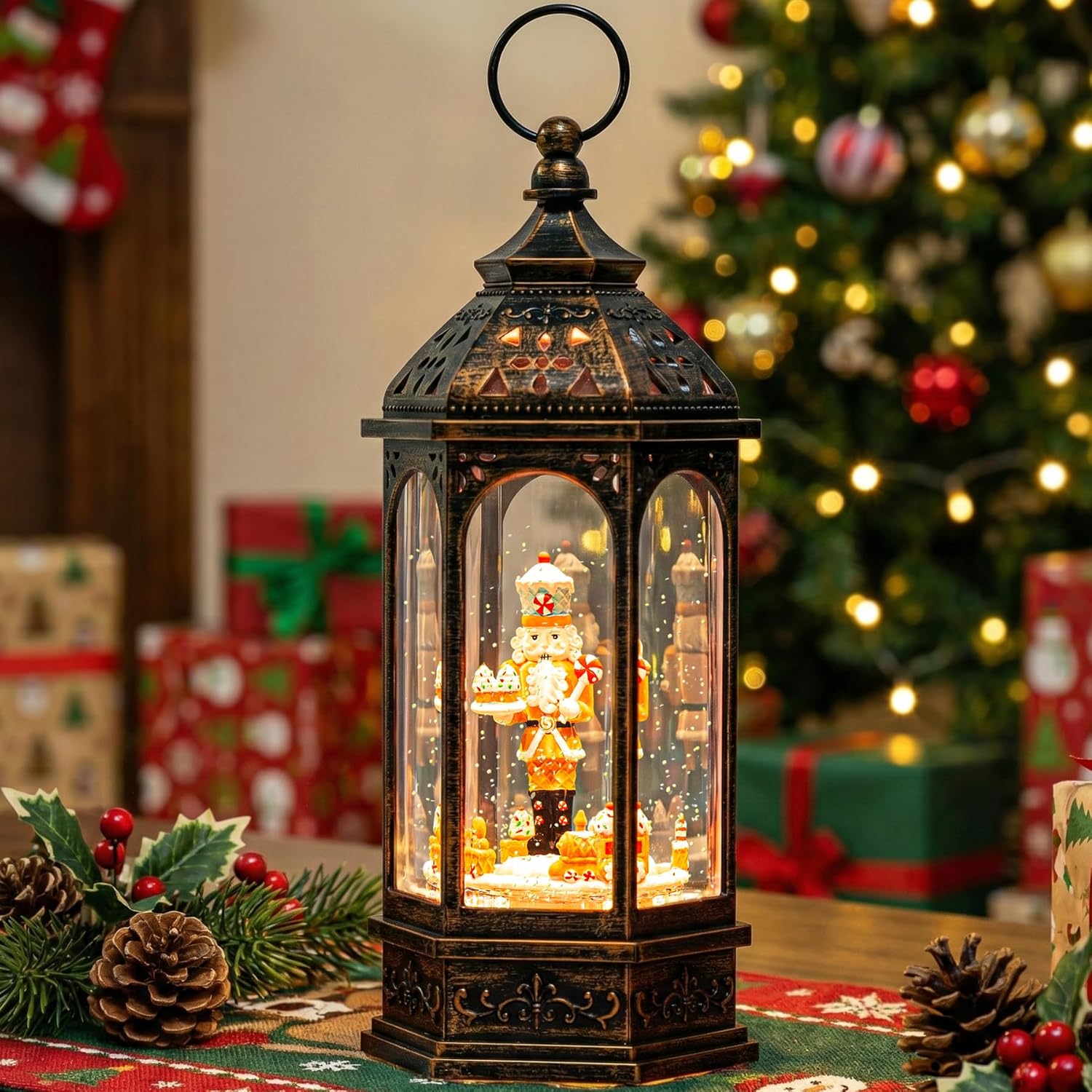 Skiennix Christmas Gingerbread Nutcracker Snow Globe Lantern - Lighted Animated Train with Glitter & Music