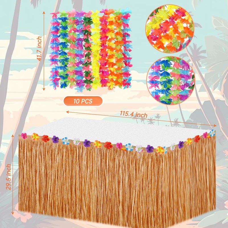 Hawaiian Luau Party Decorations Set - Tropical Grass Table Skirt With Palm Leaves and Flowers for Beach Summer BBQ Tikki Bar Theme Party
