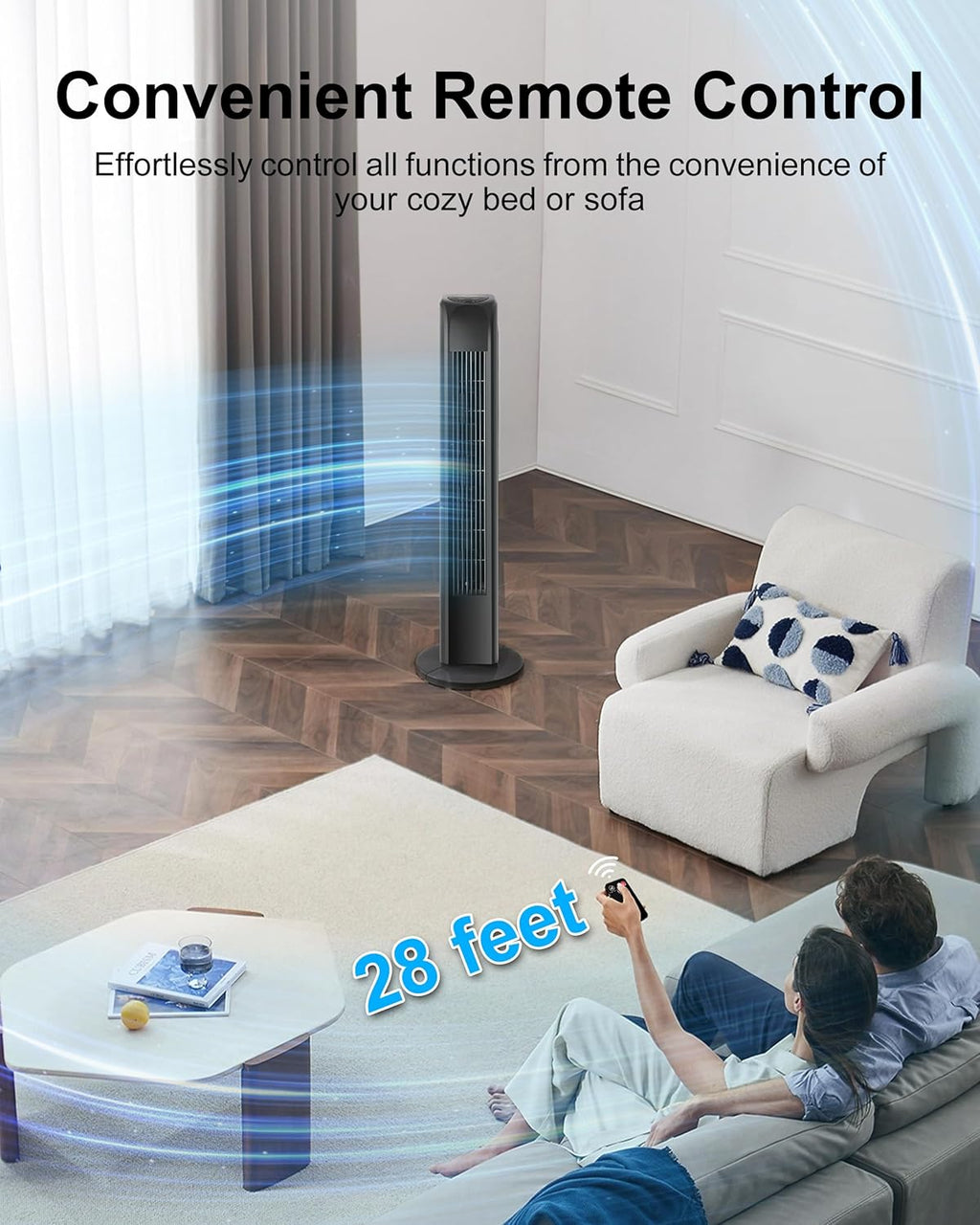 Uthfy Oscillating Tower Fan - Quiet Bladeless Electric Fan with Remote | 30-Inch Black Design for Home & Office