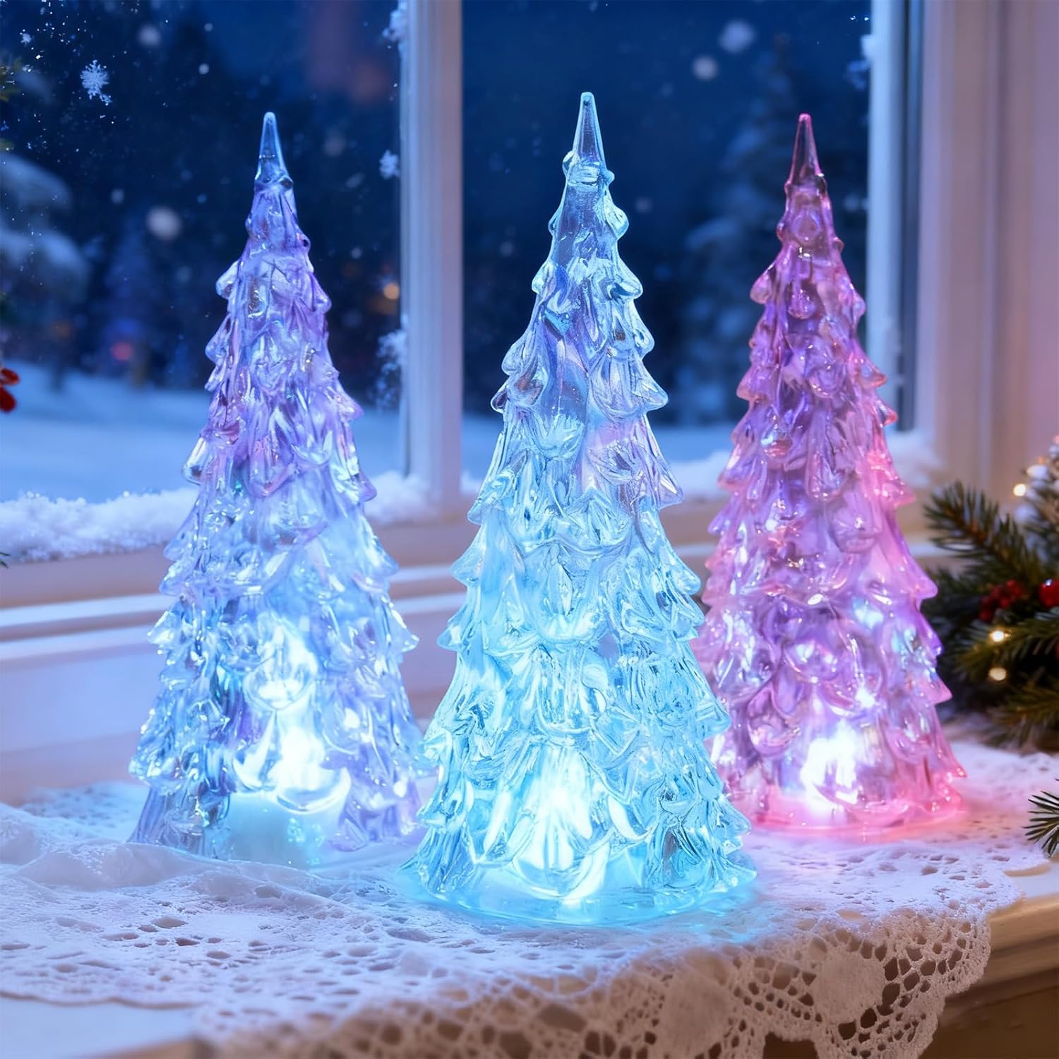 Skiennix Acrylic Christmas Tree Lamp - Enchanted 7-Color Changing Lights | Mini 5 x 2 Inch Table Decor (3 Pack)
