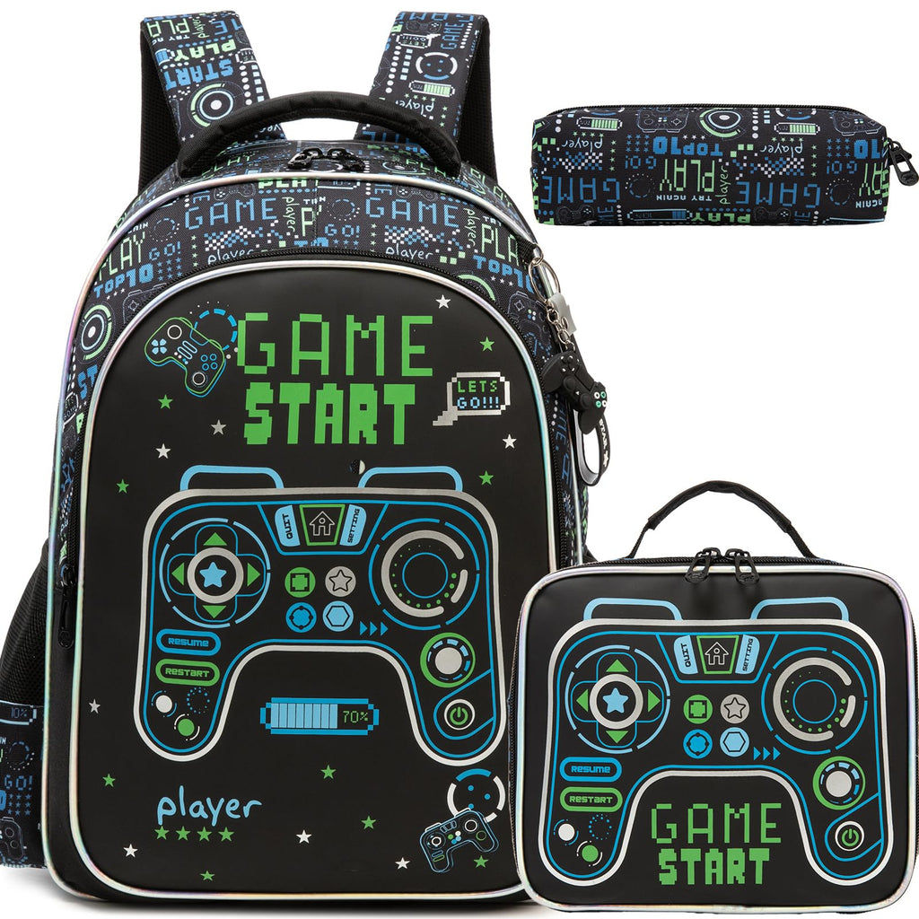 Oruiji Game School Backpack for Boys Backpacks Ages 8-10 with Lunch Box Set Black Bookbag for Boys Backpack for Kids Backpacks Lightweight Elementary Back to School Supplies Kit