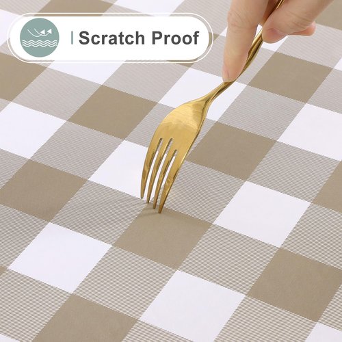 misaya Rectangle Waterproof Vinyl Table Cloth, Buffalo Flannel Backed Tablecloth, Wipeable Plastic Table Cover for Dinner, Cafe, Outdoor (60" x 120", Khaki and White)