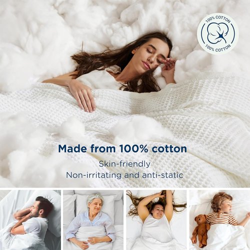 Bedsure Gentlesoft 100% Cotton Blanket - Cooling, Breathable Queen Size Waffle Weave | Soft White 90x90 Inches