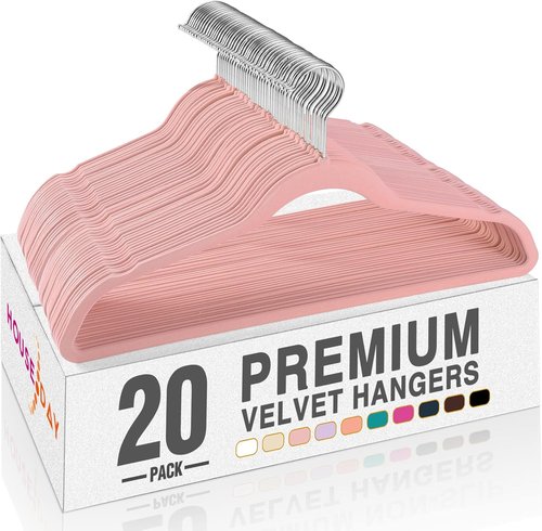 HOUSE DAY Velvet Hangers - Non-Slip Heavy Duty 20 Pack in Light Pink | Premium Slim Closet Organizer with 360° Rotating Hook