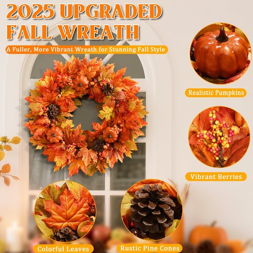 2 Pack Fall Wreaths for Front Door, 20 Inch Autumn Wreath with Pumpkins Maple Leaves for Harvest Home Outdoor Thanksgiving Wall Decor