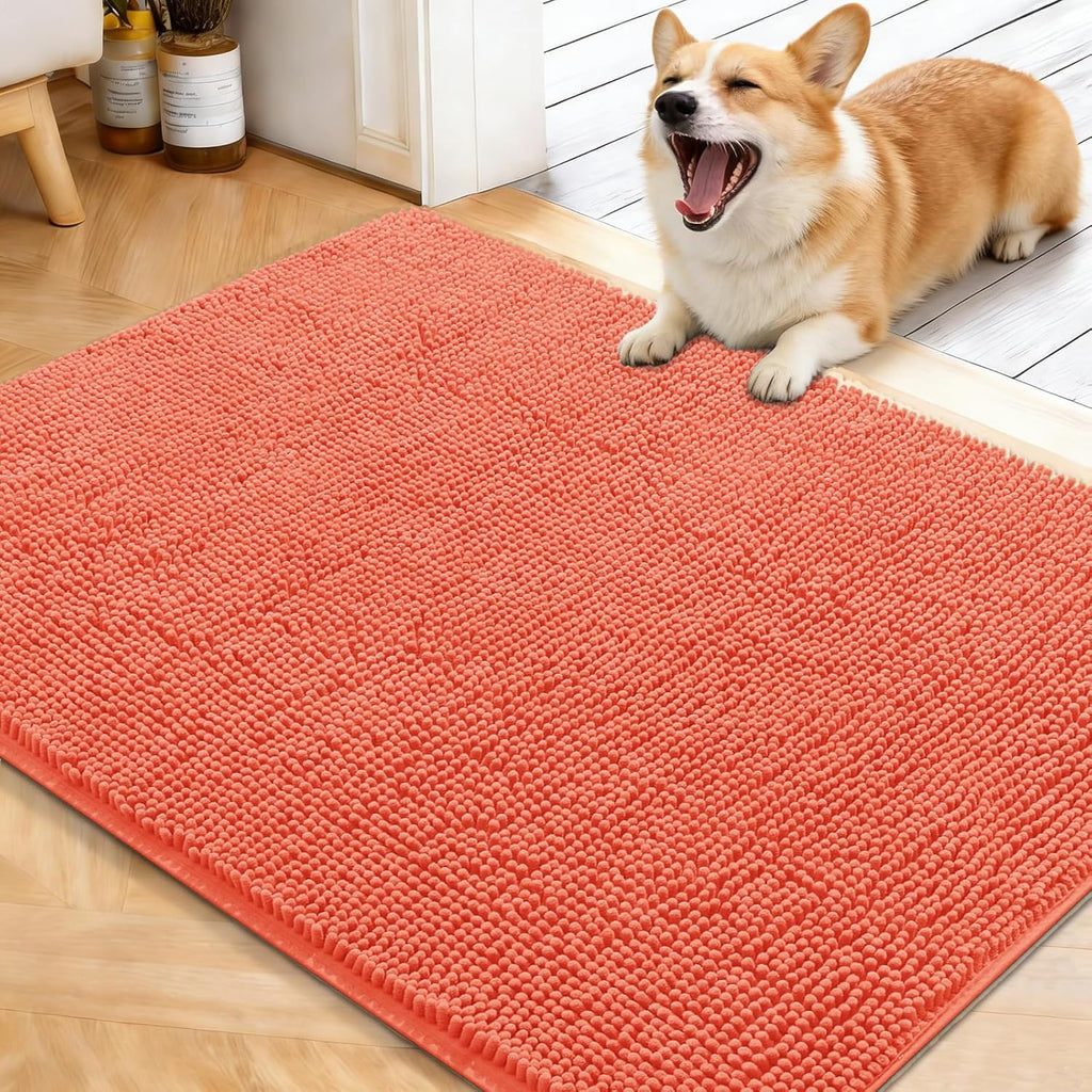 OLANLY Dog Door Mat - Absorbent Non-Slip Washable Chenille Mat for Muddy Paws | 40x32 Coral