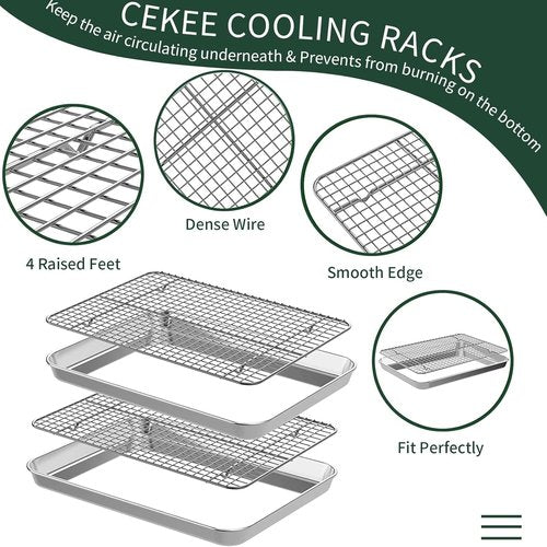 CEKEE 10-Inch Stainless Steel Baking Sheet Set - 4-Piece with Wire Racks, Rust & Warp Resistant