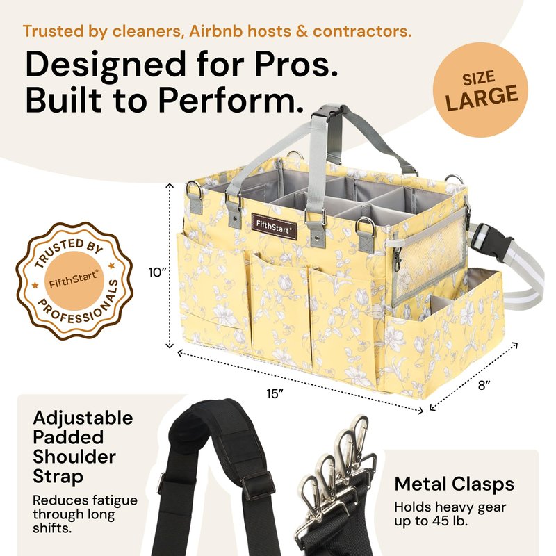 FifthStart Multipurpose Cleaning Caddy with Waist & Shoulder Strap - Diaper Caddy with 9 Pockets, Mesh Base & Adjustable Compartments - Cleaning Supplies Organizer (Yellow Floral, Small)