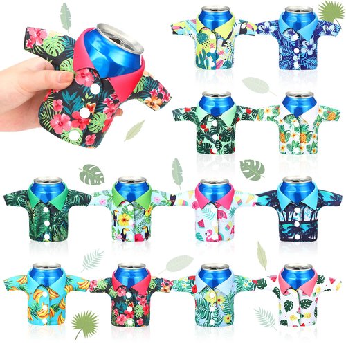 Funtery 12 Pack Can Shirt Cooler Sleeves 12 oz Summer Hawaiian Tropical Funny Can Cooler Bulk for Beer Beverage Soda Birthday Beach Themed Party Favor (Vivid Style)