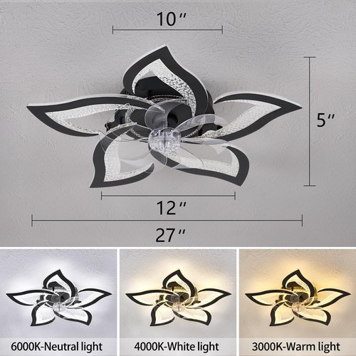 haodengshi 27" Black Geometric Ceiling Fan Lights with Remote, 6 Speeds Adjustable Low Profile Flush Mount Ceiling Fan with Light for Kitchen Bedroom