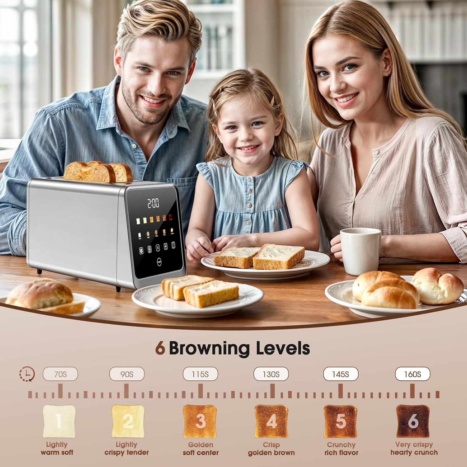 Skiennix Touch Screen Toaster - 2 Slice Stainless Steel Smart Toaster with Memory Function & 6 Shade Settings