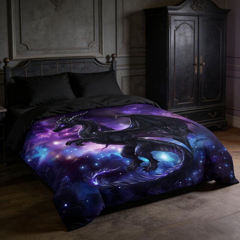 CCoutueChen Kids Dragon Bedding Set for Boys, Purple Blue Outer Space Comforter Set Twin Size, Fairy Tale Style Quilted Bed Set for Children Teens Room Decor/68 * 86