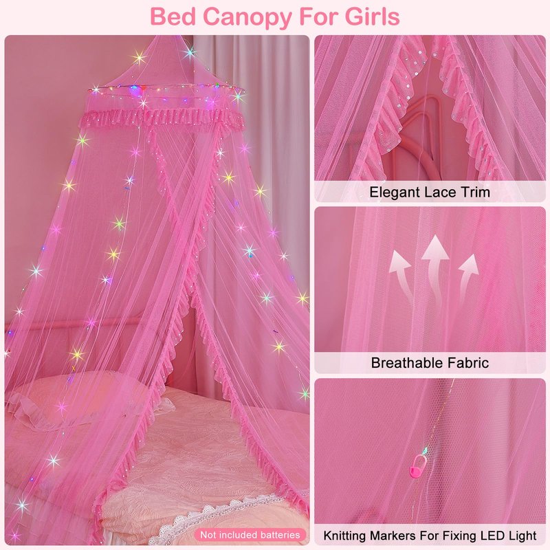 Beinou Bed Canopy for Girls with Timer Remote Canopy Bed with Lights Breathable Net Canopy for Bed Kids Girls Room Decor,Pink
