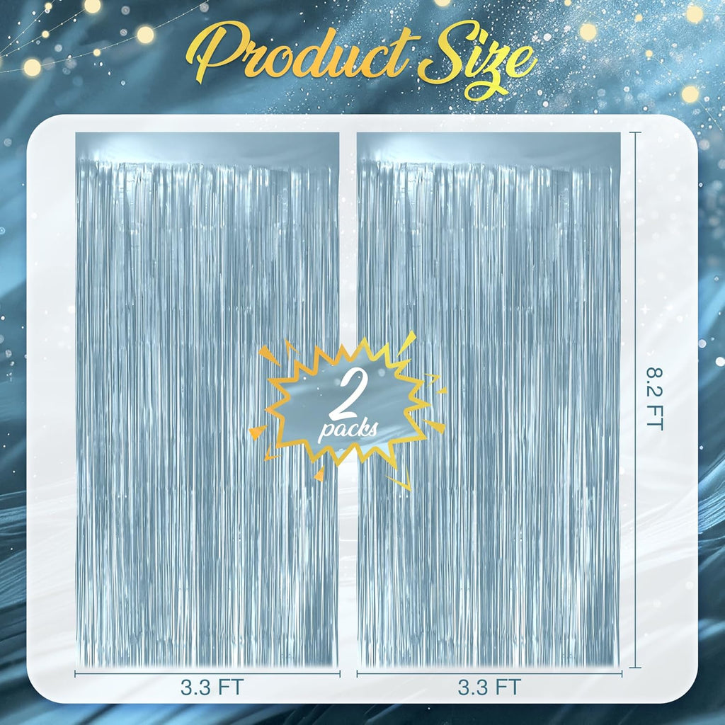 Skiennix Metallic Light Blue Fringe Backdrop - 3.2x8.2ft Shining Foil Tinsel Curtains for Parties & Events