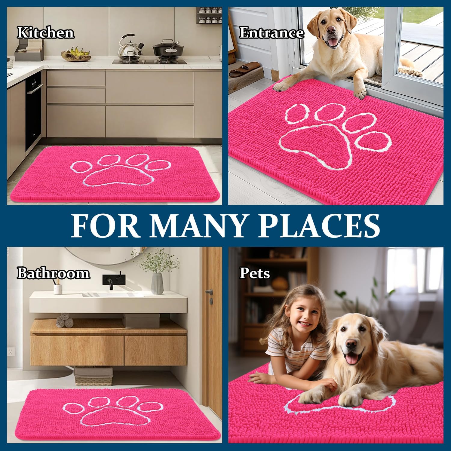 OLANLY Dog Door Mat - Absorbent Non-Slip Mud Mat for Paws | 36x24 Hot Pink Chenille Design