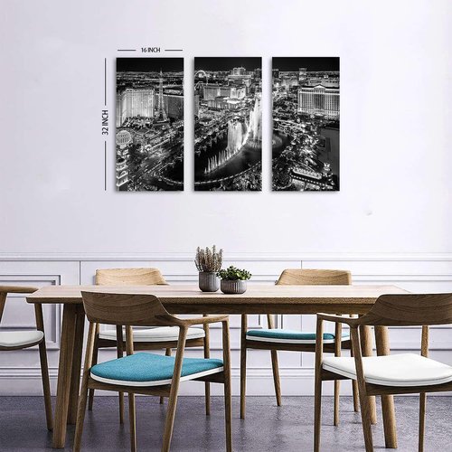 Las Vegas Skyline Wall Art - Black and White Cityscape Canvas Prints | 16x32 Inches, 3-Piece Set for Office & Home Decor