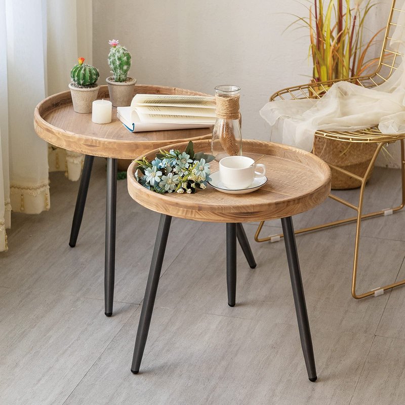 LITA Log Desktop Round Side End Table, Nightstand Tables, Indoor Outdoor Round Side Table, Wooden Tray Table with Black Metal Stand End Table for Living Room Bedroom Office Small Spaces (L)